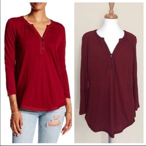 Lucky Brand Eyelet Trim Split Neck Dark Red Blouse